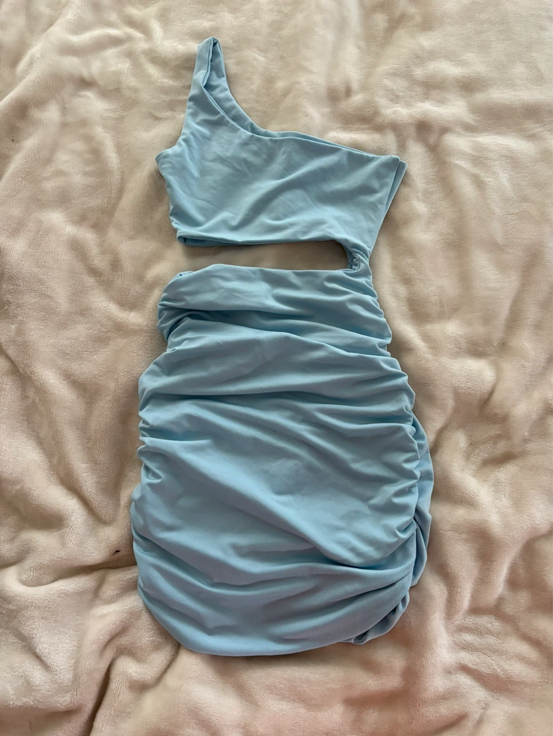 Light Blue One-Shoulder Ruched Mini Dress