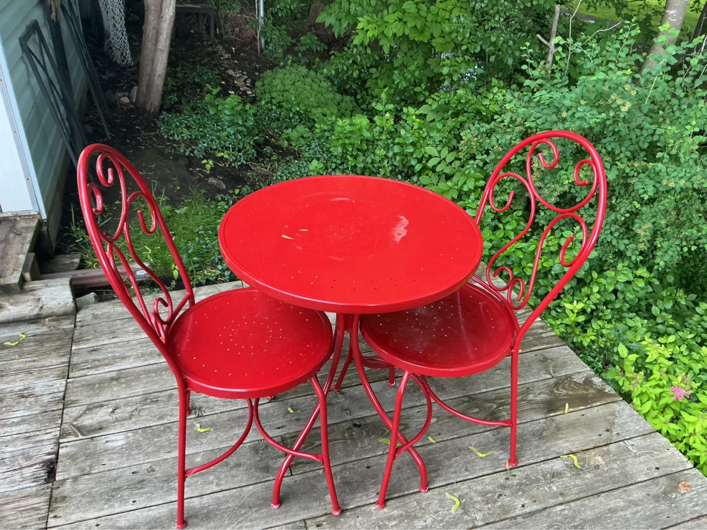 Red Metal Bistro Set with Table and Two Chairs