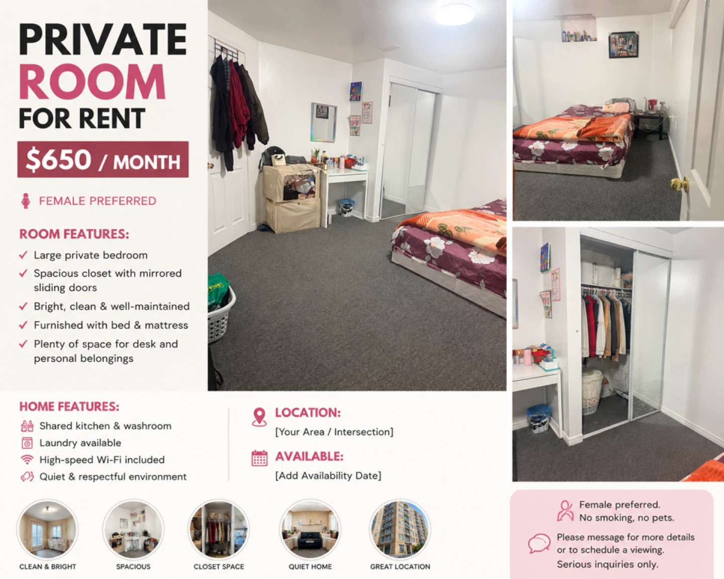 Private Room for Rent - $650/month
