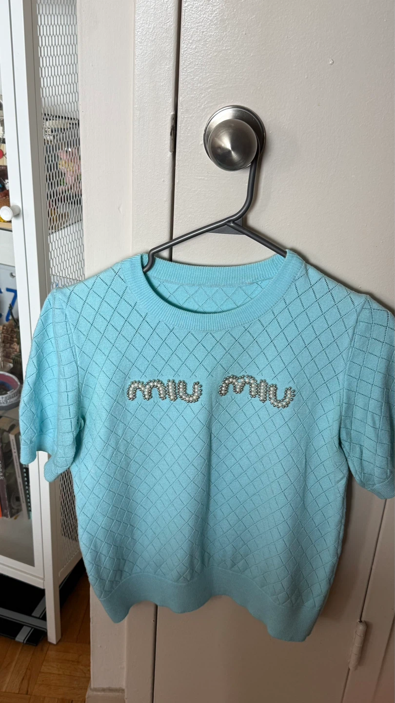 Miu Miu Blue Knit Top with Pearl Embellishments