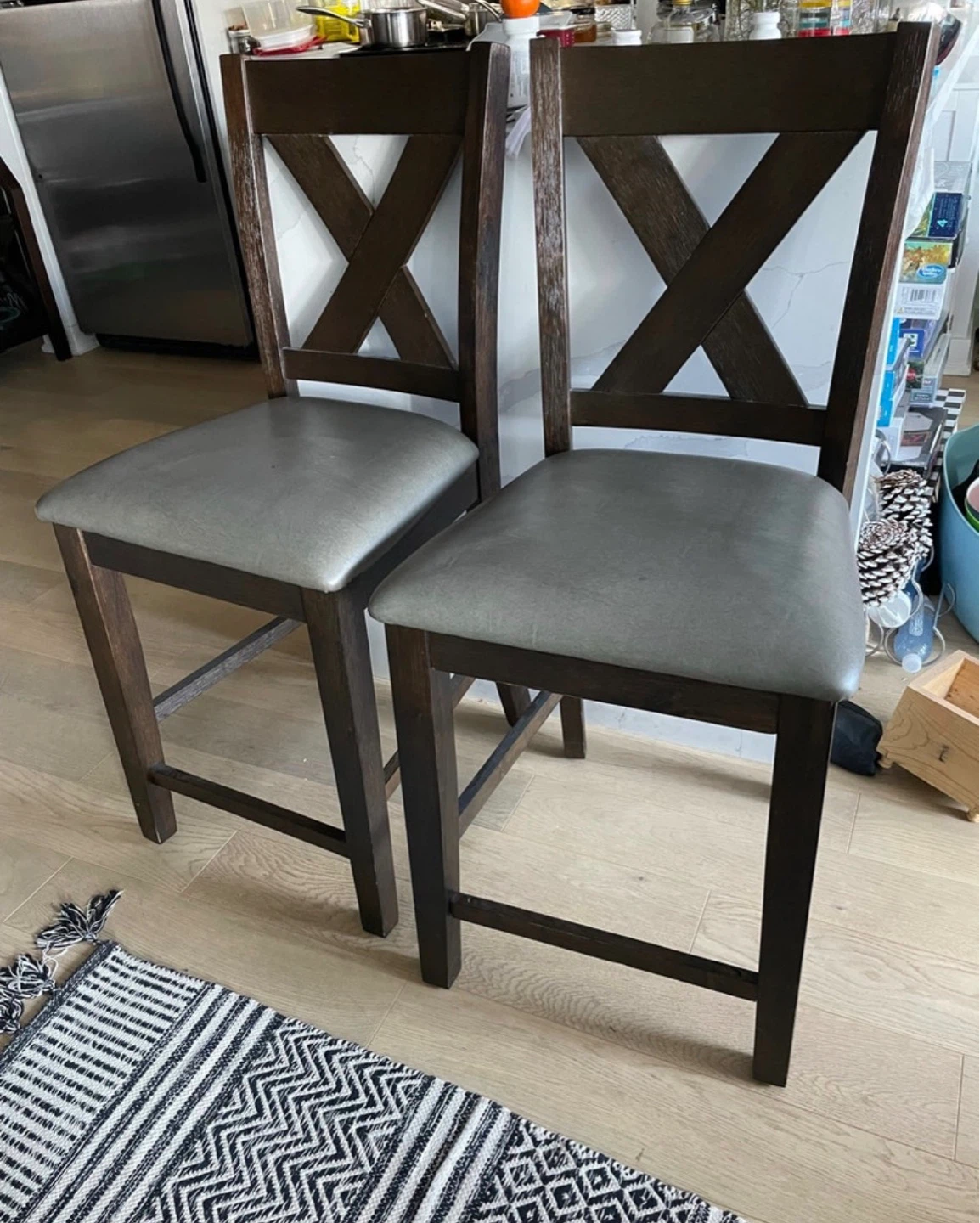 Set of 2 Dark Wood Counter Stools with Grey Upholstered Seats