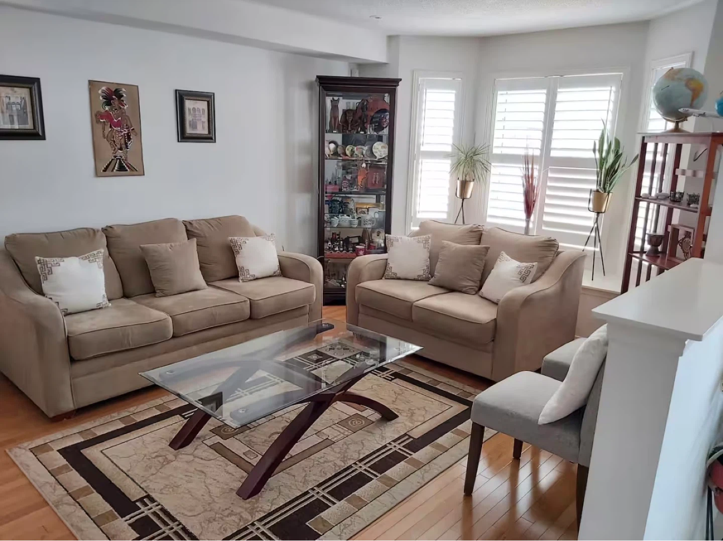 Beige Sofa & Loveseat Set, plus coffee table and rug