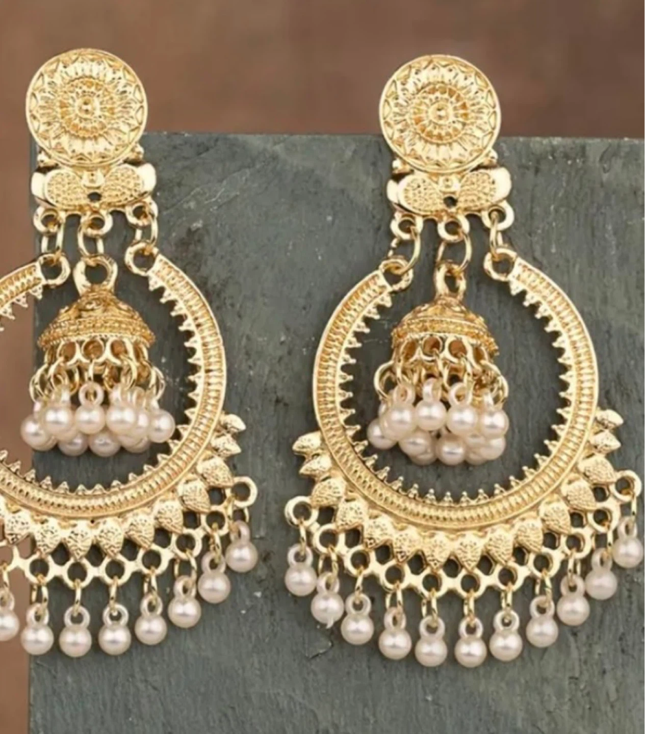Gold Tone Jhumka Earrings with Pearls⚽️