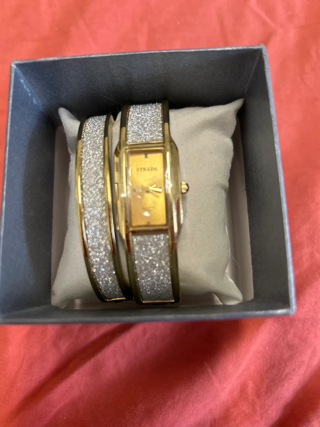 STRADA Gold Tone Sparkle Bangle Watch Set