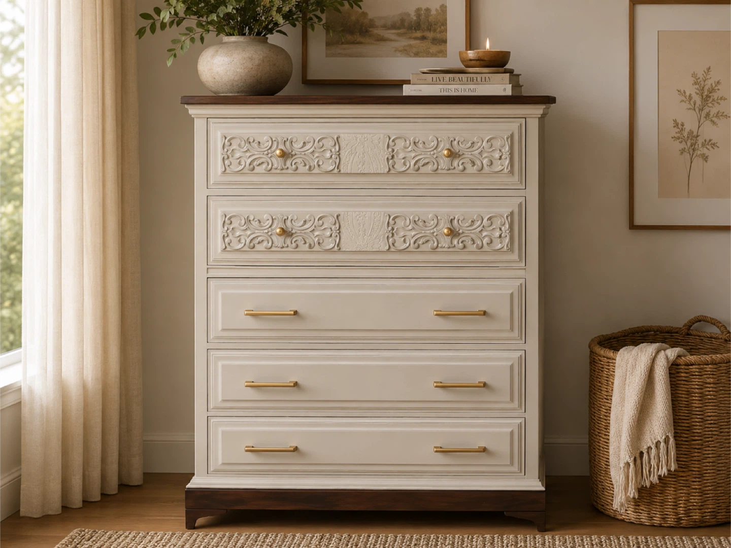 ✨Refinished Malcolm Tallboy | Carved Details & Oak Top✨