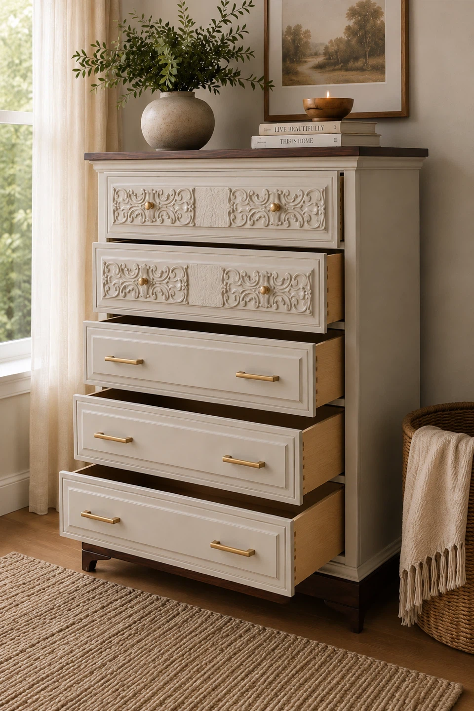✨Refinished Malcolm Tallboy | Carved Details & Oak Top✨ - photo 4