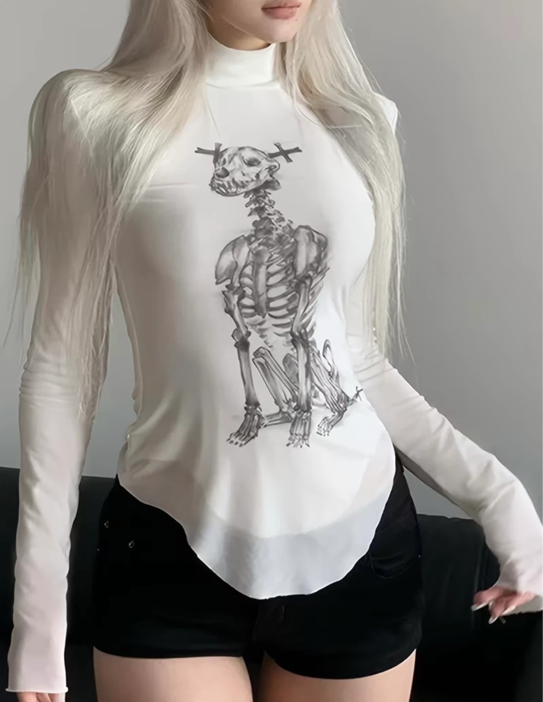 White Sheer Graphic Long Sleeve Top