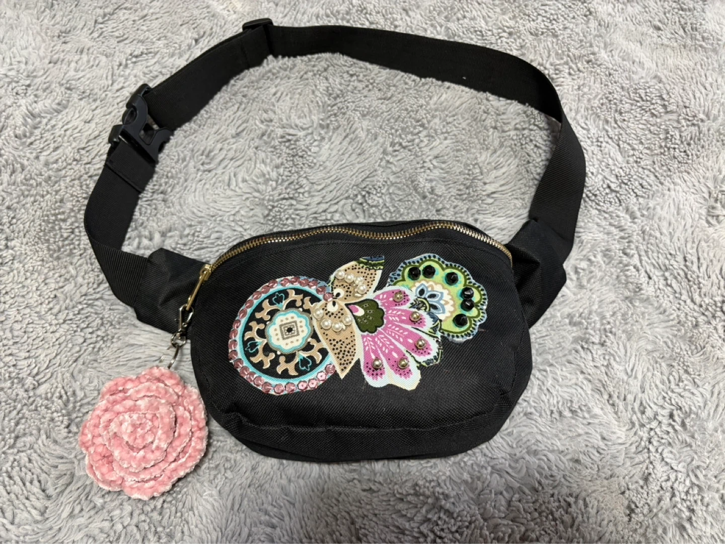 Black Fanny Pack with Floral Embellishments