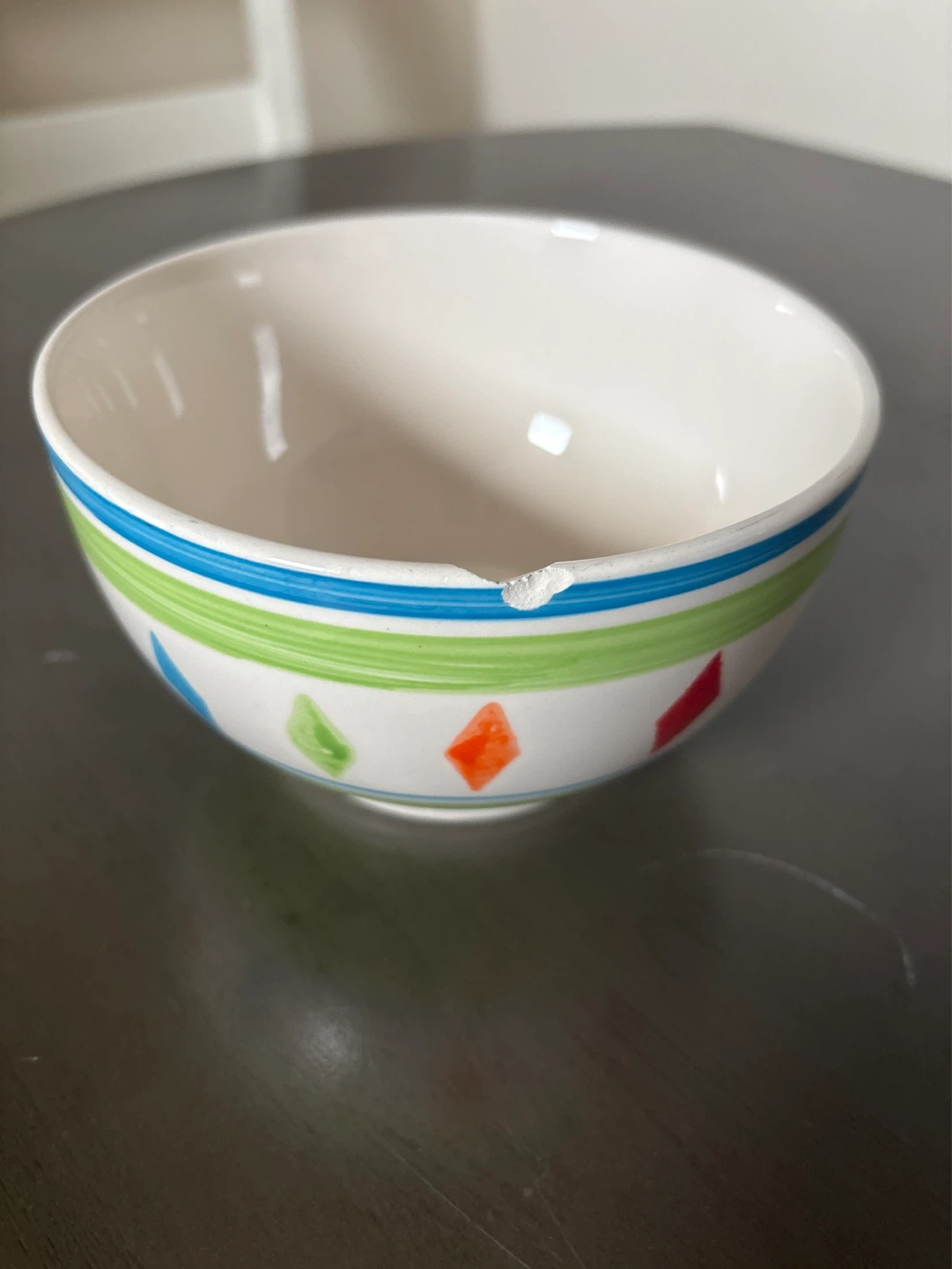Ceramic Bowl with Colorful Diamond Pattern - Chipped Rim⚽️