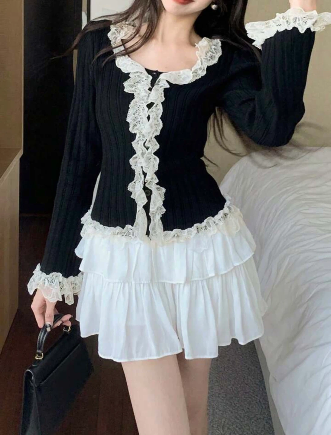 Black ribbed knit cardigan with lace trim - photo 2