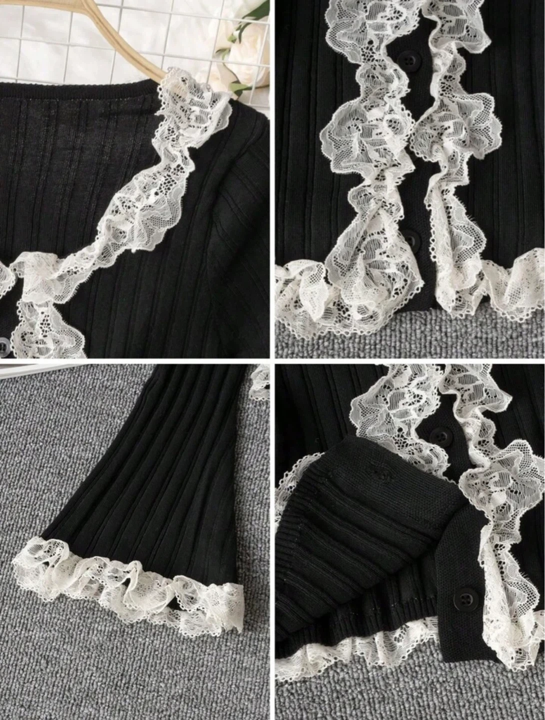 Black ribbed knit cardigan with lace trim - photo 5