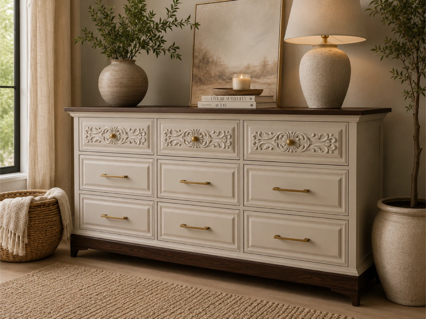 ✨Refinished Malcolm Dresser | Carved Details & Oak Top✨ - photo 2