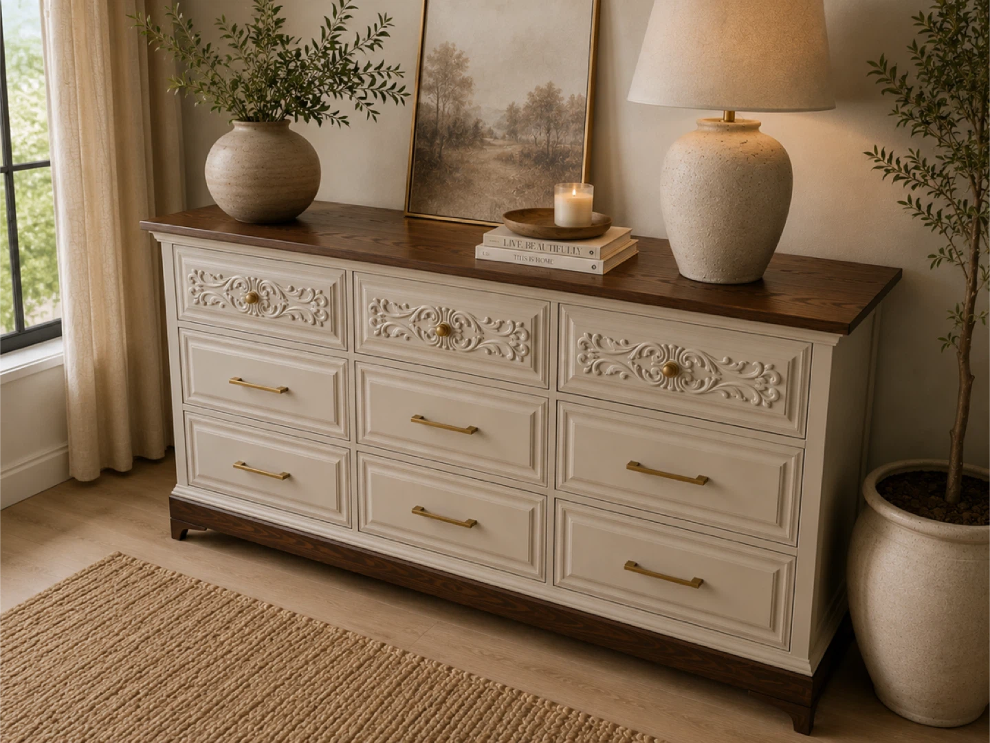 ✨Refinished Malcolm Dresser | Carved Details & Oak Top✨ - photo 3