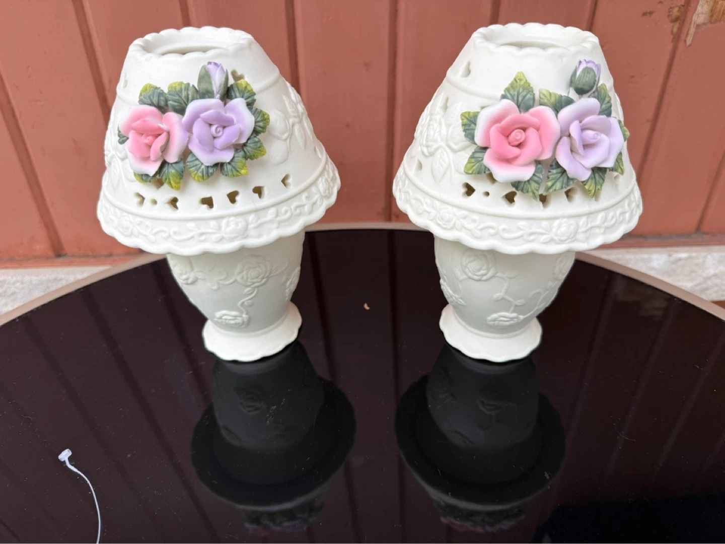 Set of 2 White Ceramic Tea Light Holders with Roses