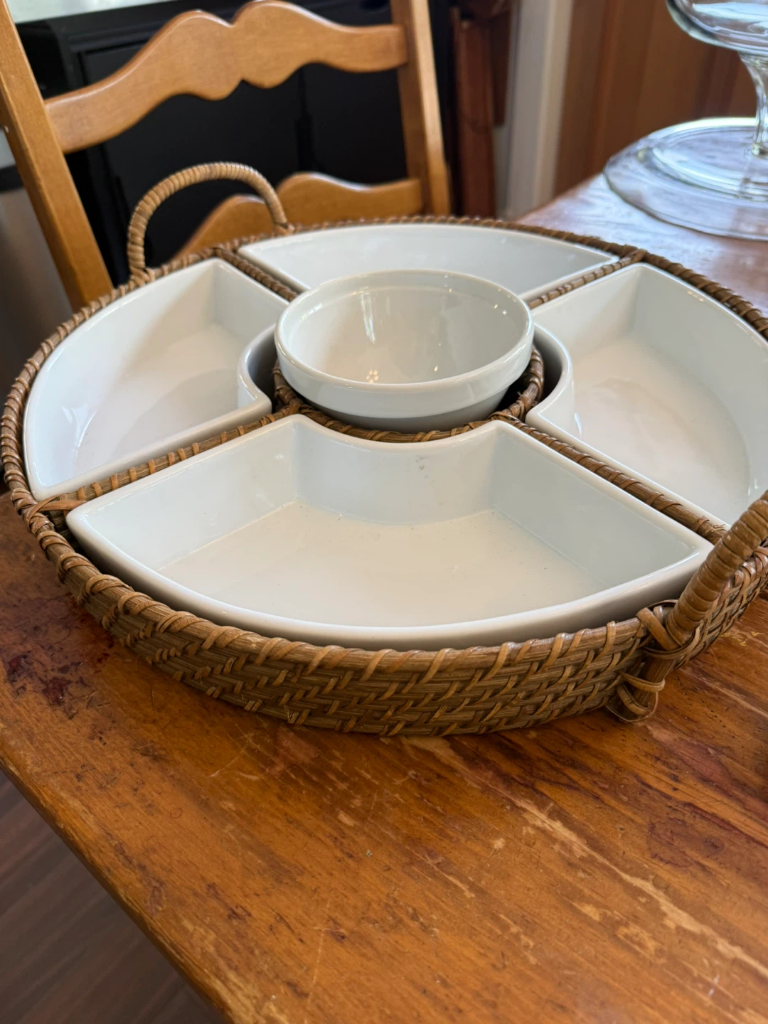 White Ceramic Divided Serving Platter with Wicker Basket