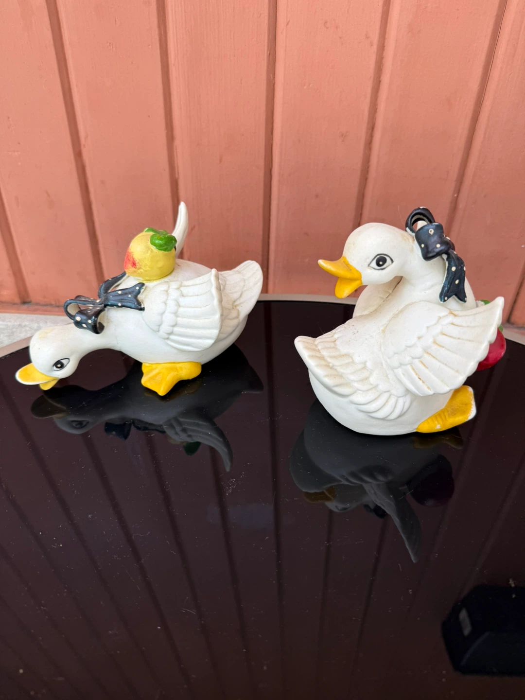 Set of 2 Ceramic Ducks with Fruit and Bows