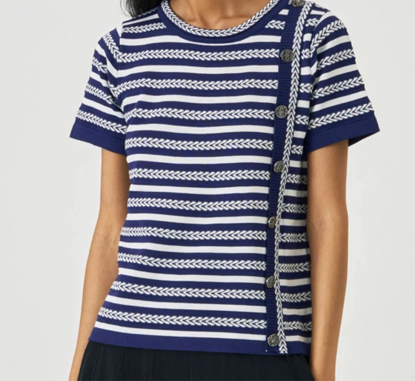 Chanel inspo navy Striped Button Knit Top