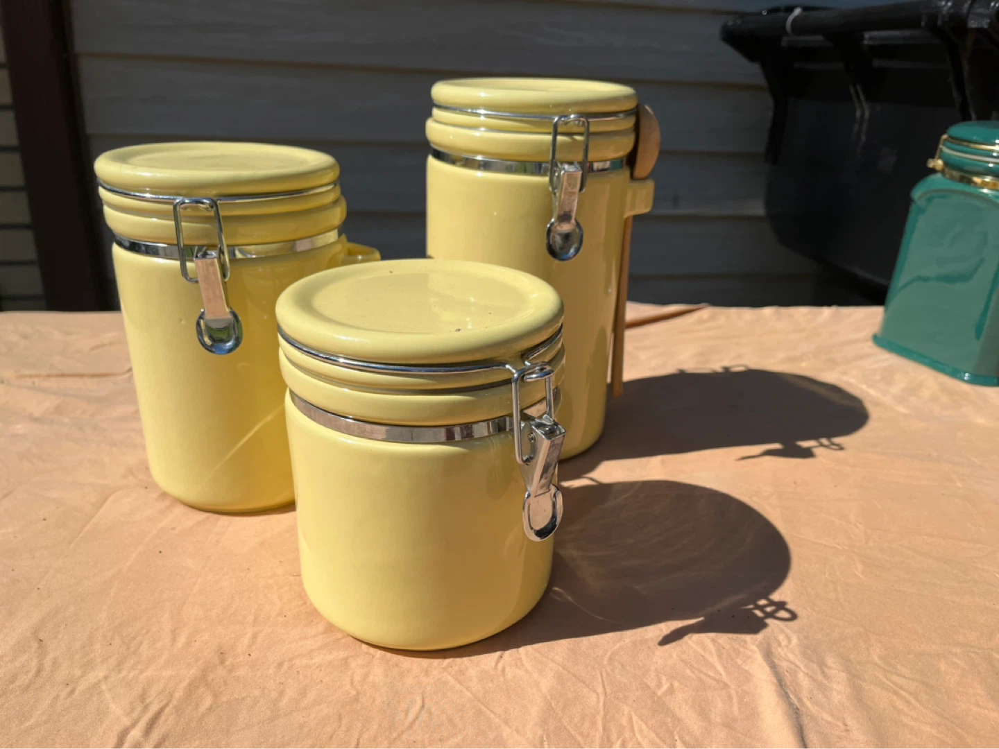 Set of 3 Yellow Ceramic Canisters with Lids