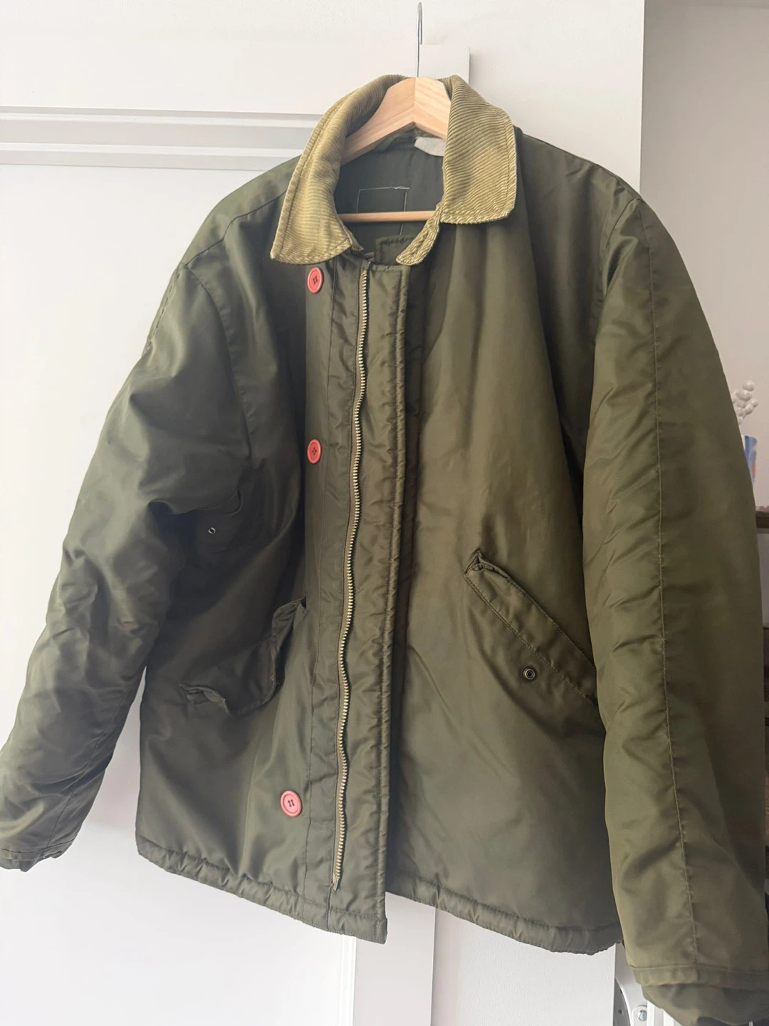 Olive Green Puffer Jacket with Corduroy Collar - photo 2