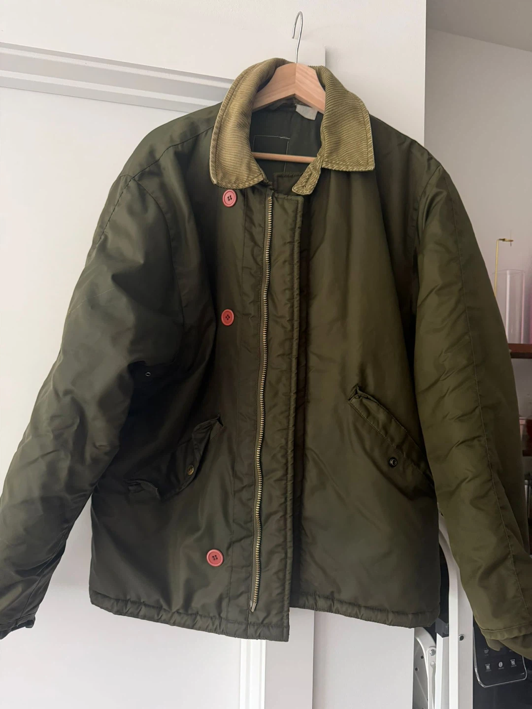 Olive Green Puffer Jacket with Corduroy Collar