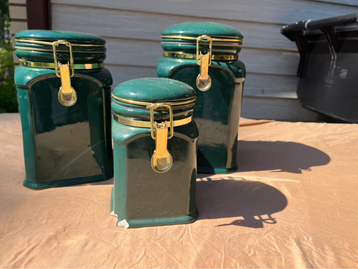 Set of 3 Vintage Green Ceramic Canisters with Gold Hardware