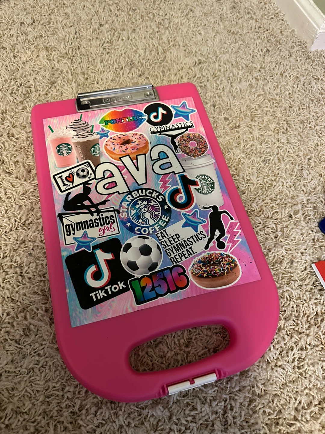 Pink Clipboard with Gymnastics and Starbucks Stickers