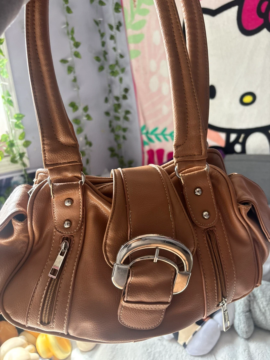 Brown Faux Leather Shoulder Bag