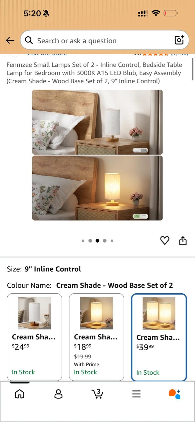 Fenmzee Small Lamps Set of 2 - Cream Shade, Wood Base