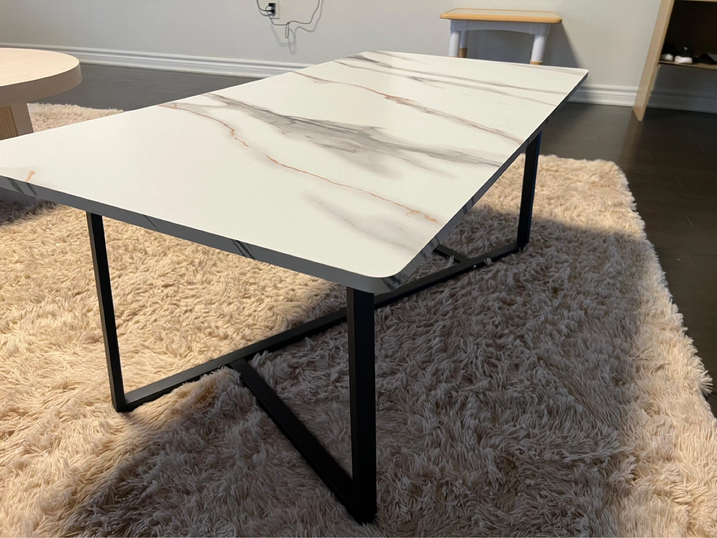 Marble Top Coffee Table with Black Metal Legs