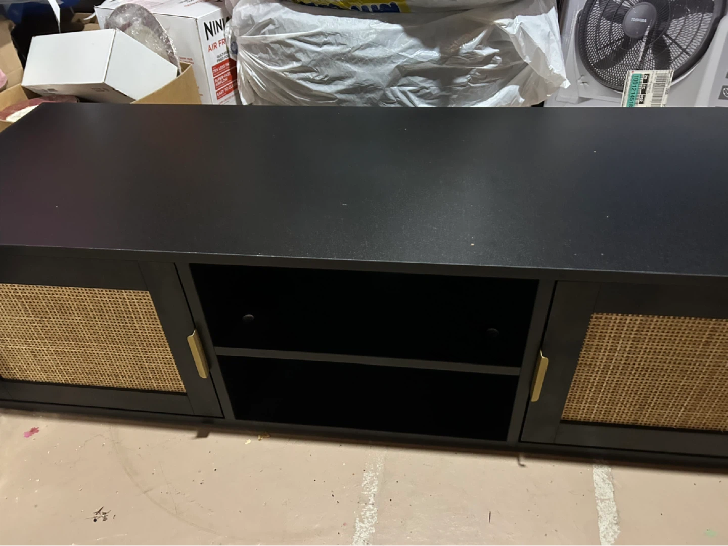Black Media Console with Rattan Doors