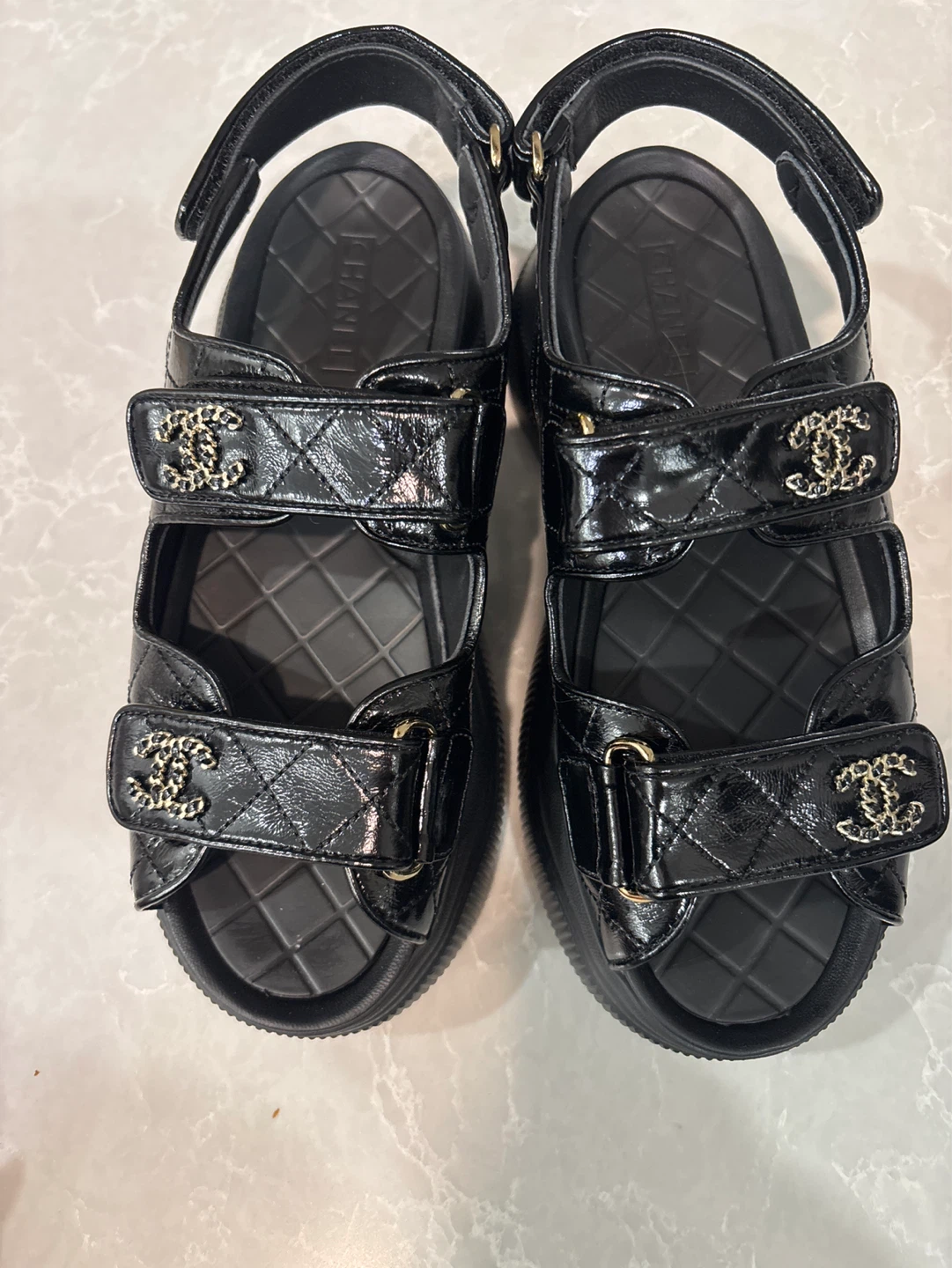 Chanel Black Quilted Patent Leather Sandals