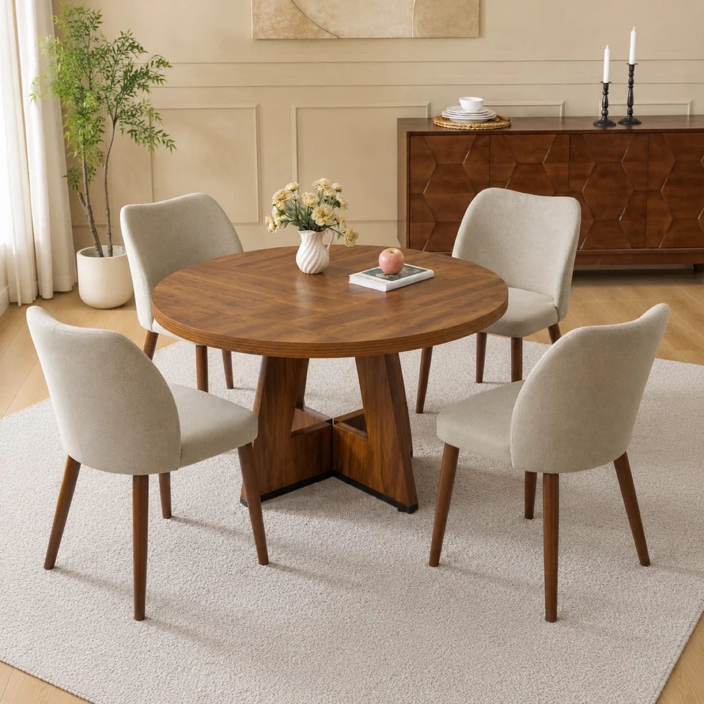 New Round Dining Table With Four Chairs - Walnut Finish - photo 2