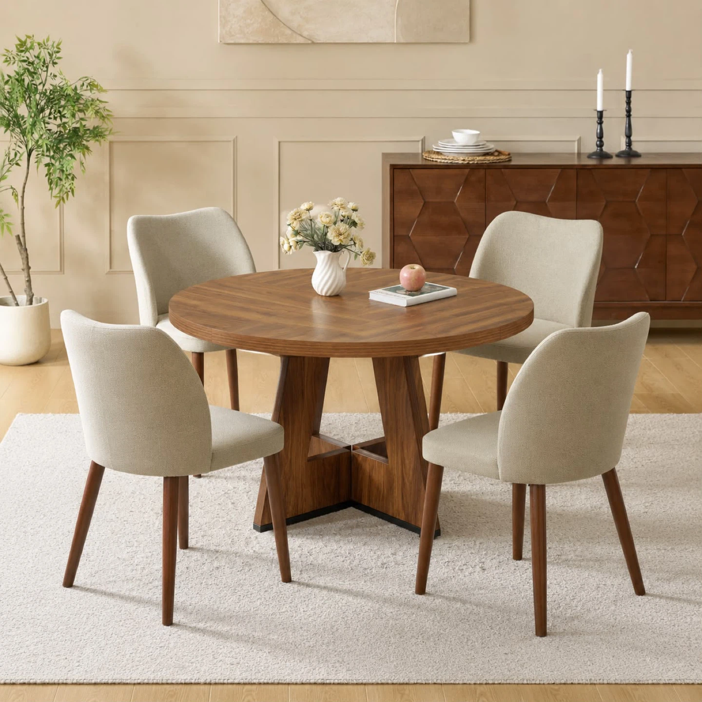 New Round Dining Table With Four Chairs - Walnut Finish