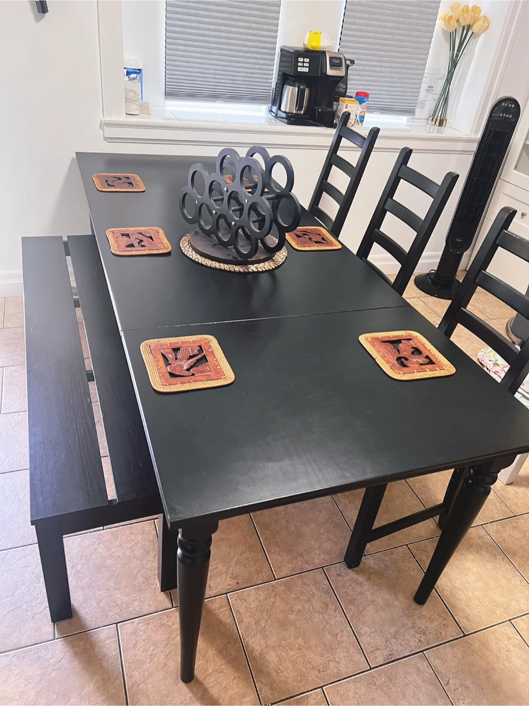 Black Extendable Dining Table Set with Bench and Chairs