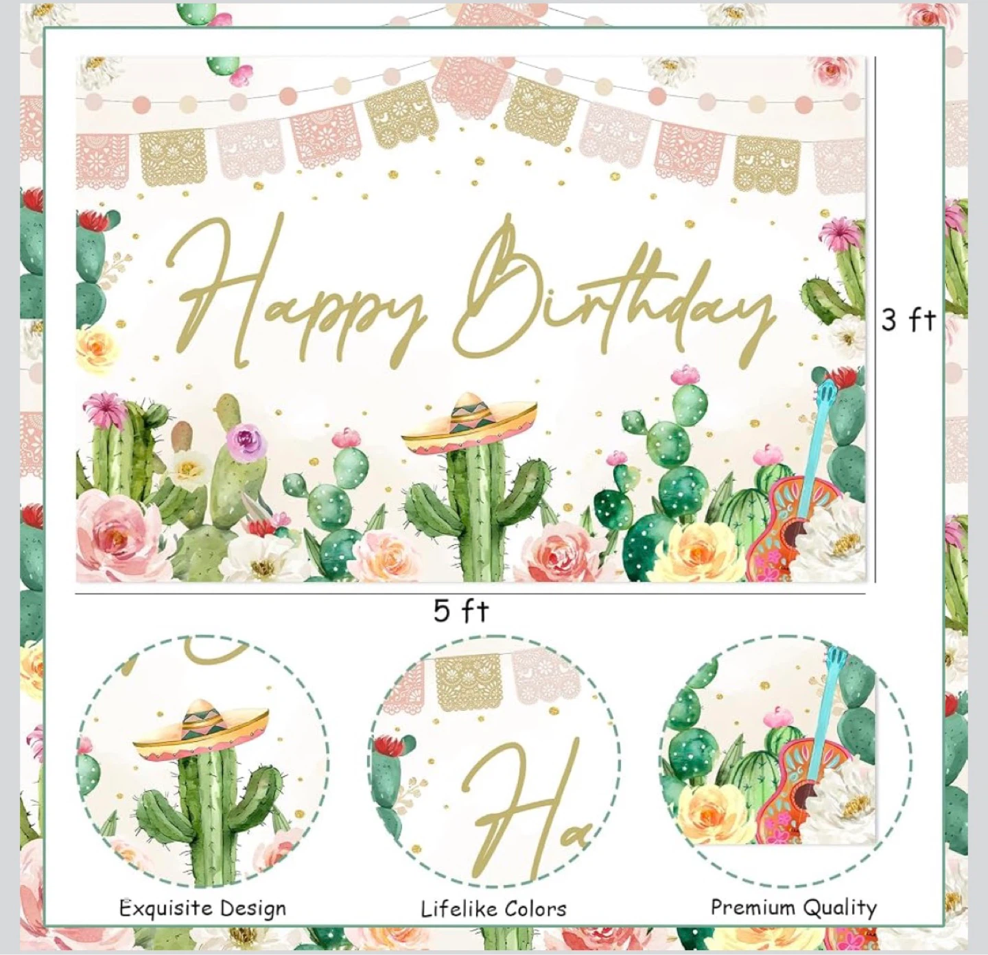 ⚽  Happy Birthday Fiesta Cactus Backdrop Banner - photo 2