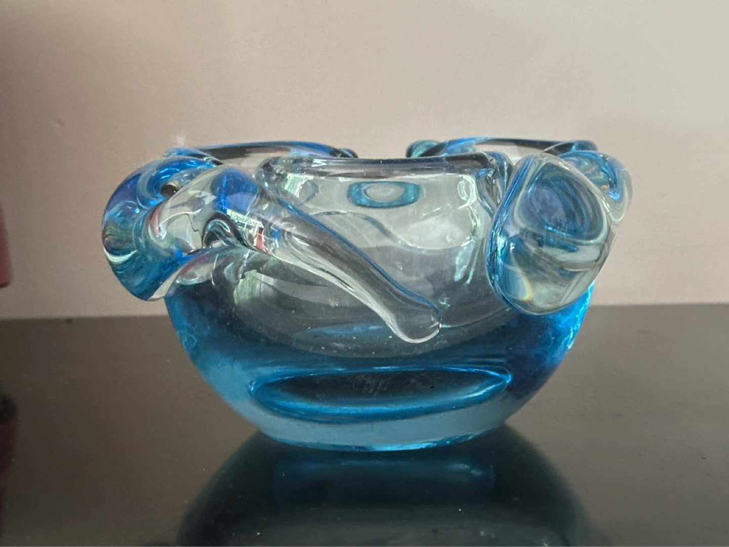 Heavy Czechoslovakian Mid Century Aqua Blue Art Glass Ashtray