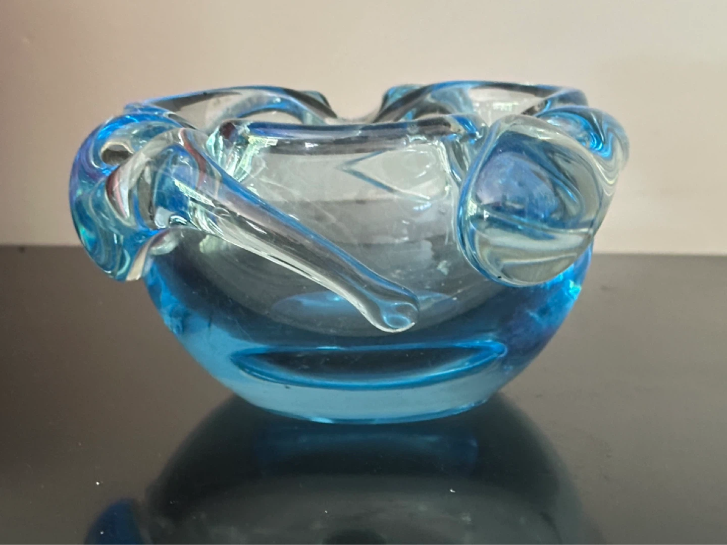 Heavy Czechoslovakian Mid Century Aqua Blue Art Glass Ashtray - photo 3