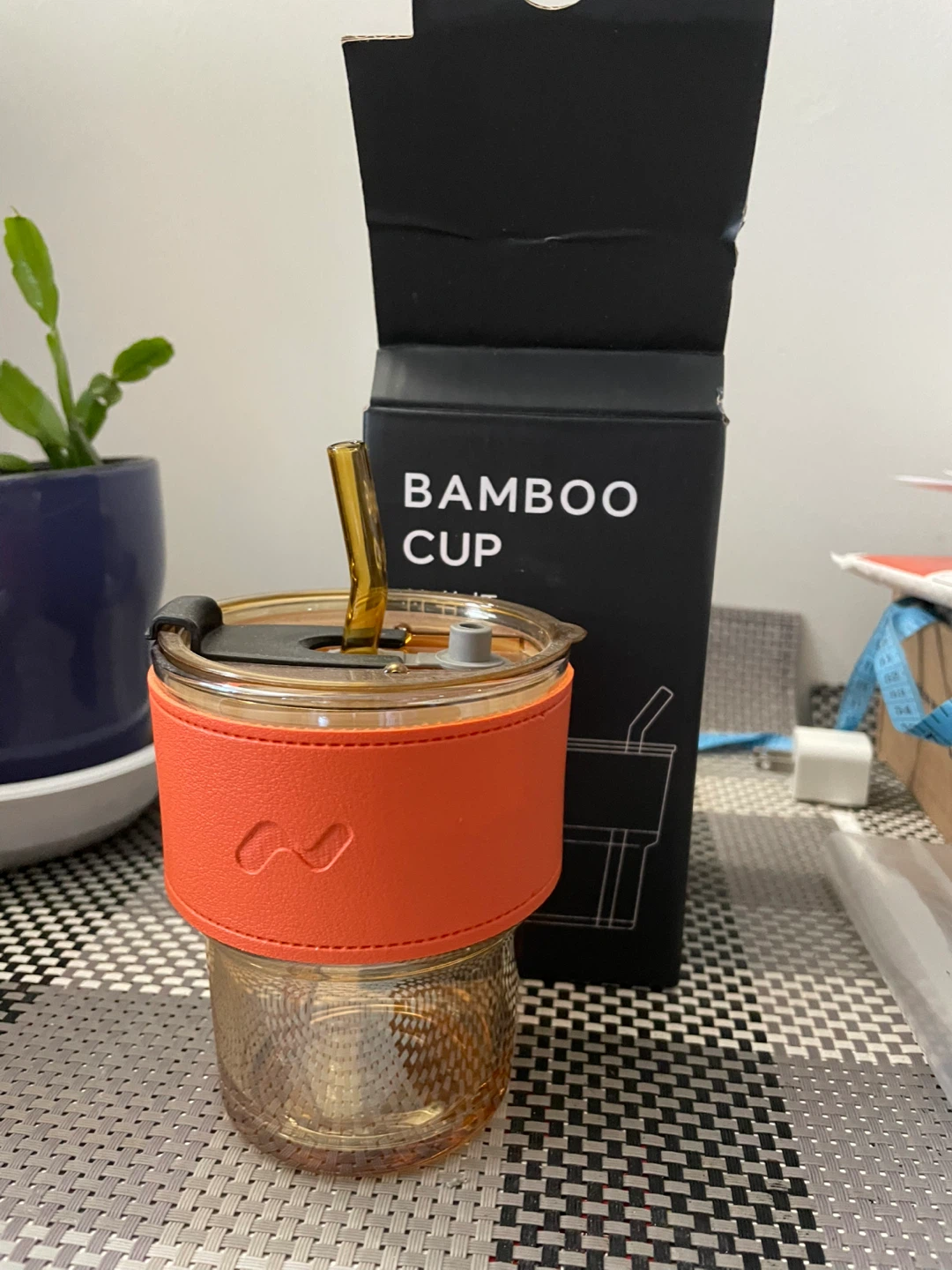 Bamboo Cup with Orange Sleeve and Straw