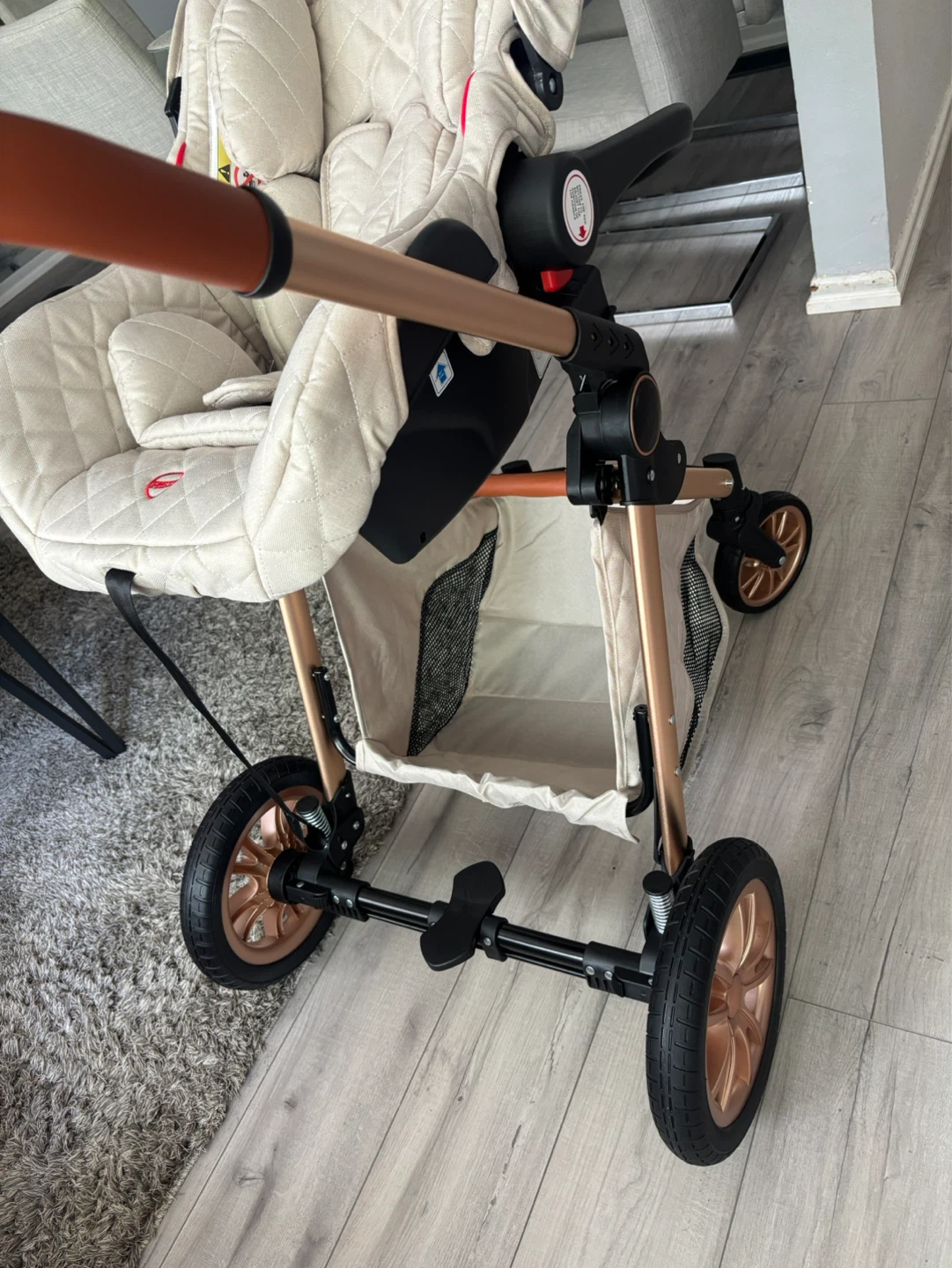 Cream Quilted Stroller with Tan Handlebars - photo 2