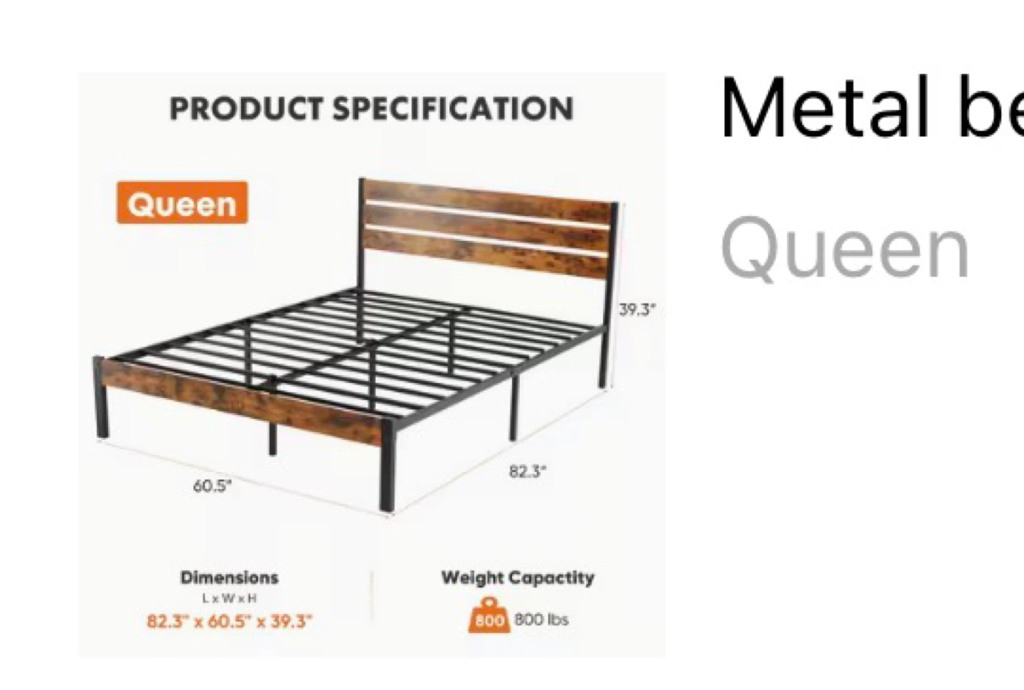 Metal Bed Frame with Headboard - Queen