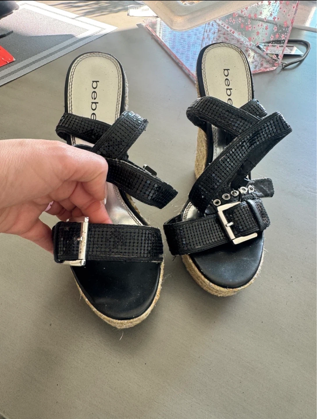 ⚽️ Bebe Black Wedge Sandals - photo 4
