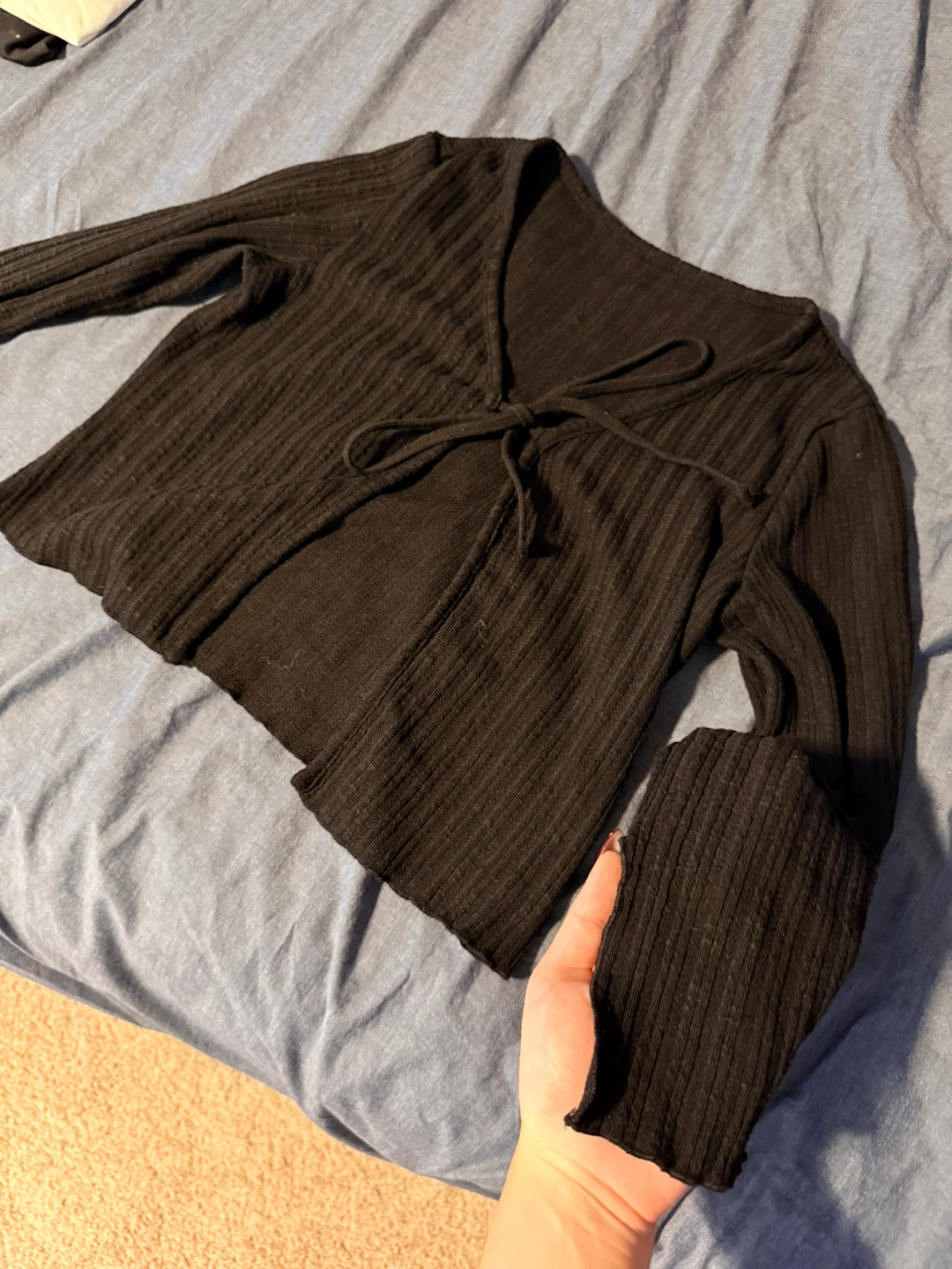 Black ribbed long-sleeve cardigan with tie front