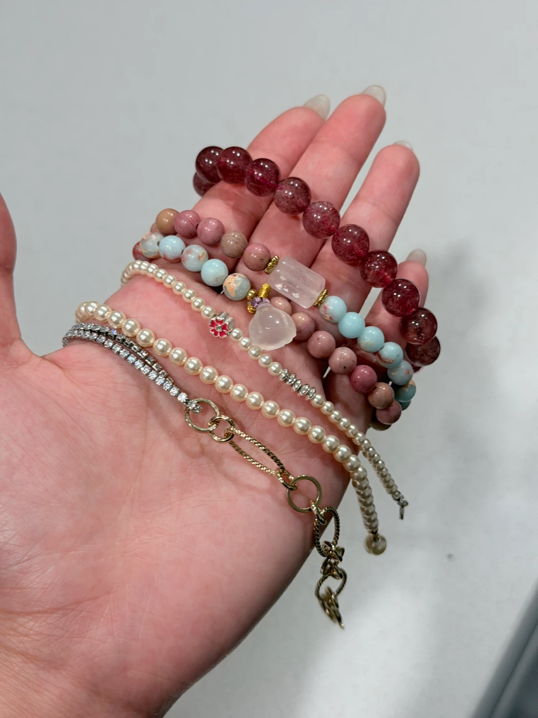 Bracelets - 925 sliver, 2 Pearl, Rose Quartz, Strawberry Quartz