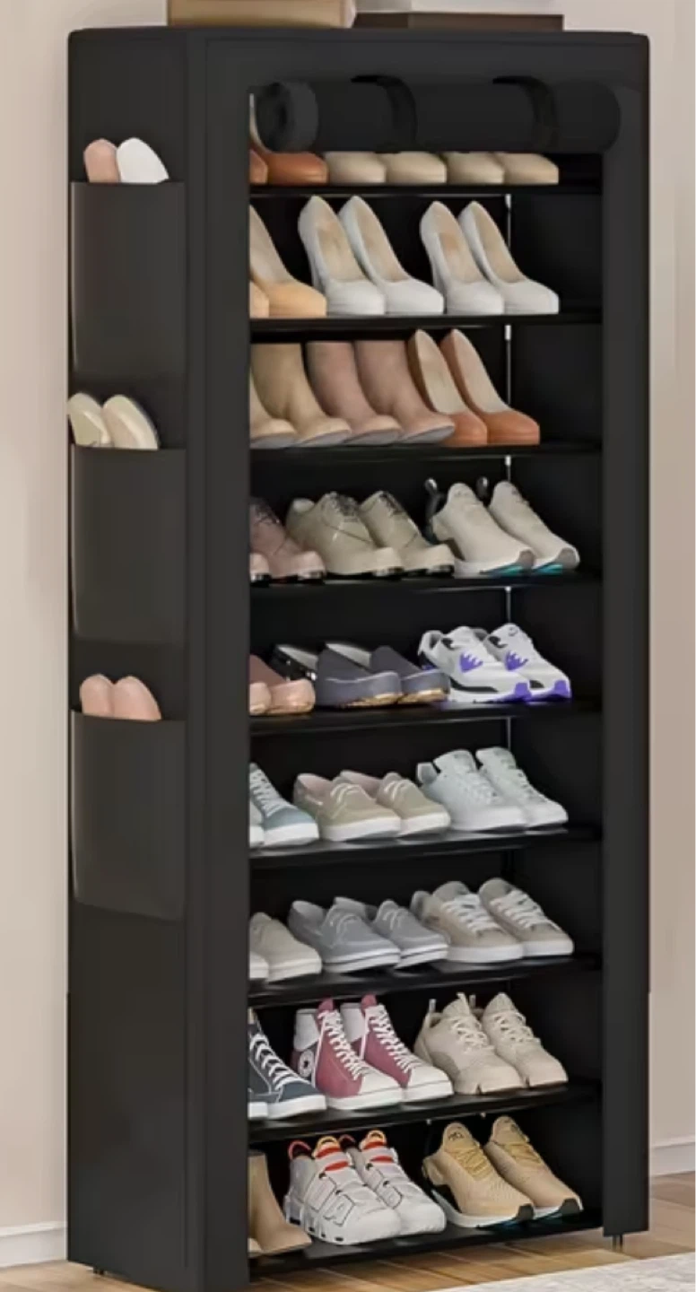 Black 10-Tier Shoe Rack with Side Pockets