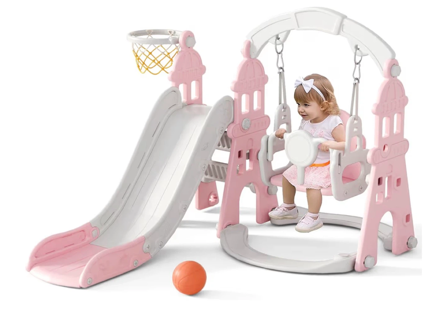 Pink and White Toddler Swing and Slide Set with Basketball Hoop