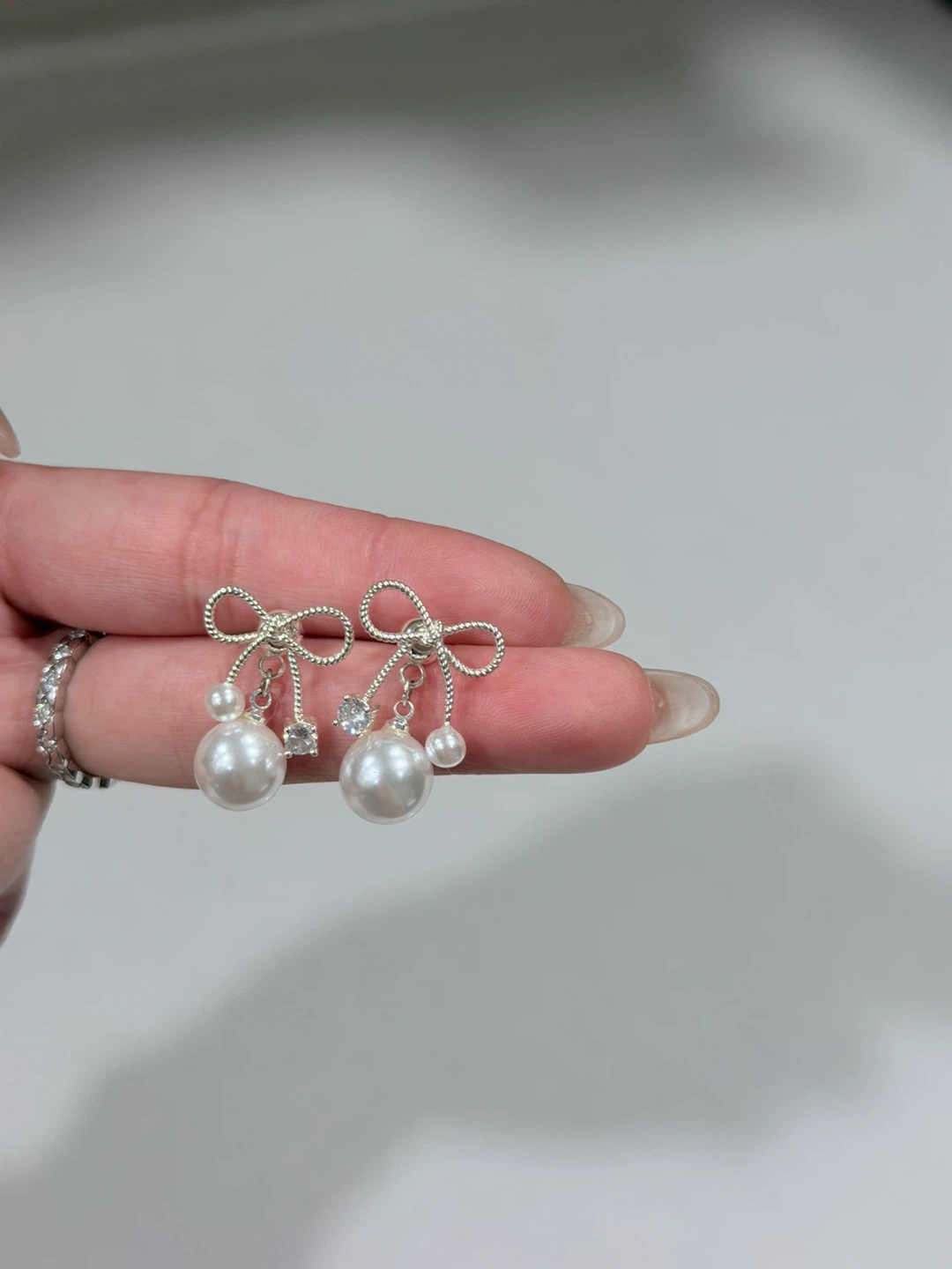 Pearl Bow Dangle Earrings & White Stone Drop Earrings Set