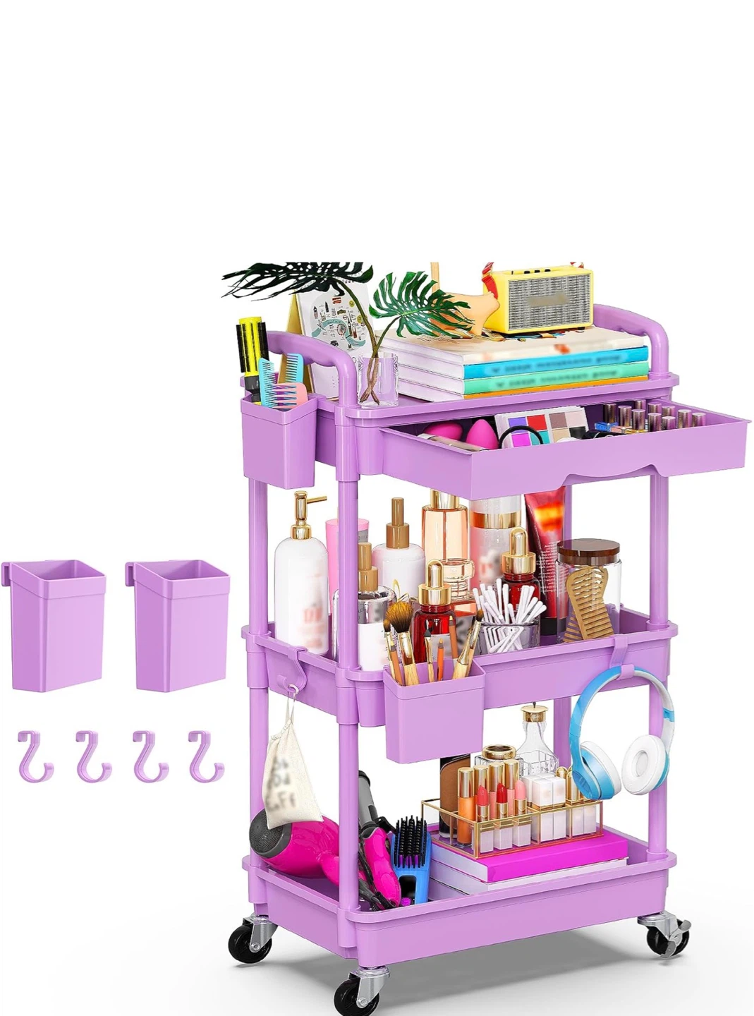 Purple 3-Tier Rolling Storage Cart with Accessories