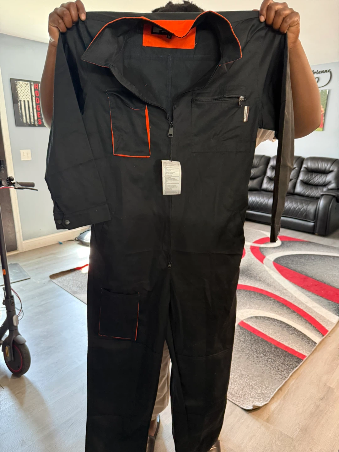 Black Work Jumpsuit with Orange Trim - Size M