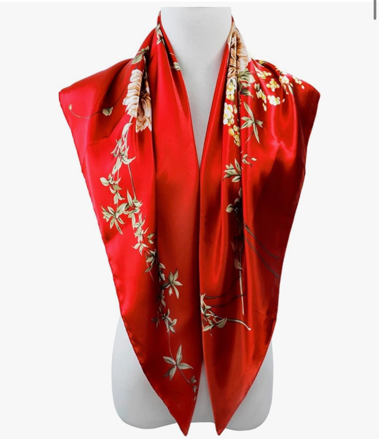 Women's 35" Red Peony Flowers Satin Scarf - photo 3