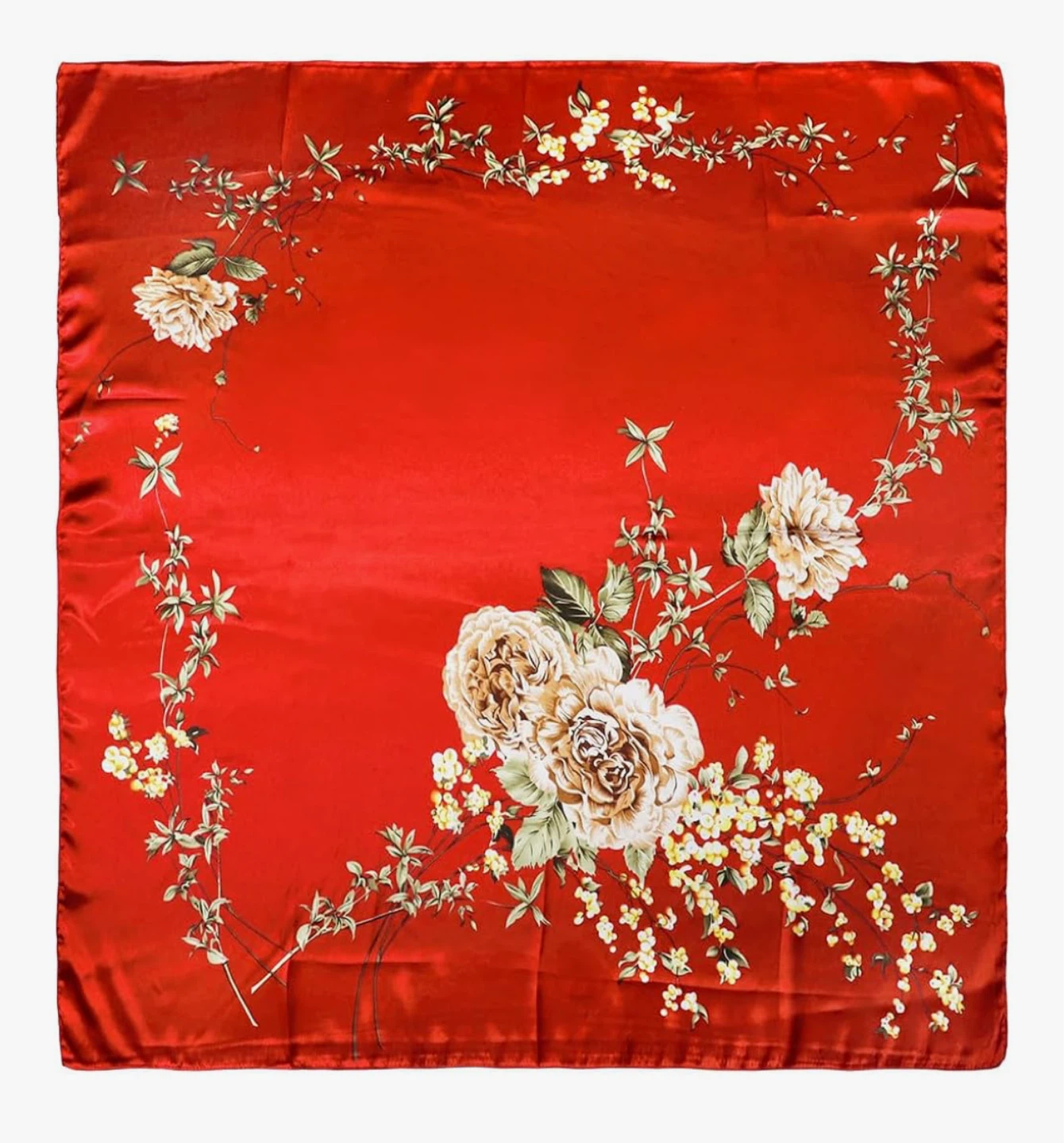 Women's 35" Red Peony Flowers Satin Scarf
